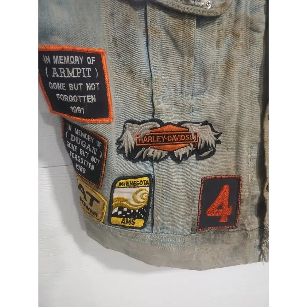 Vintage Lee Denim Vest Mens XL Blue Patches pins 70s Biker Trucker Cut Off Jean